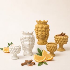 Candele Dolci Momenti di Elisir di Luce in Testa di Moro e Mezza Pigna, colori Bianco Lucido e Giallo Opaco
