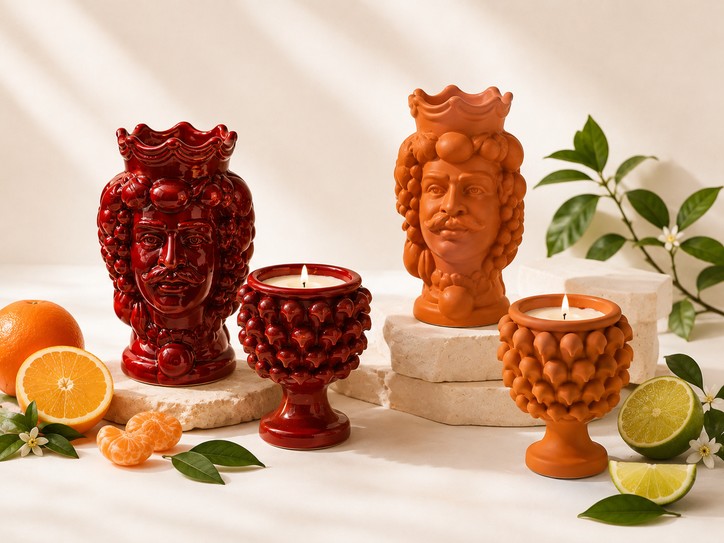 Candele Profumi di Sicilia di Elisir di Luce in Testa di Moro e Mezza Pigna, colori Rosso Lucido e Arancio Opaco