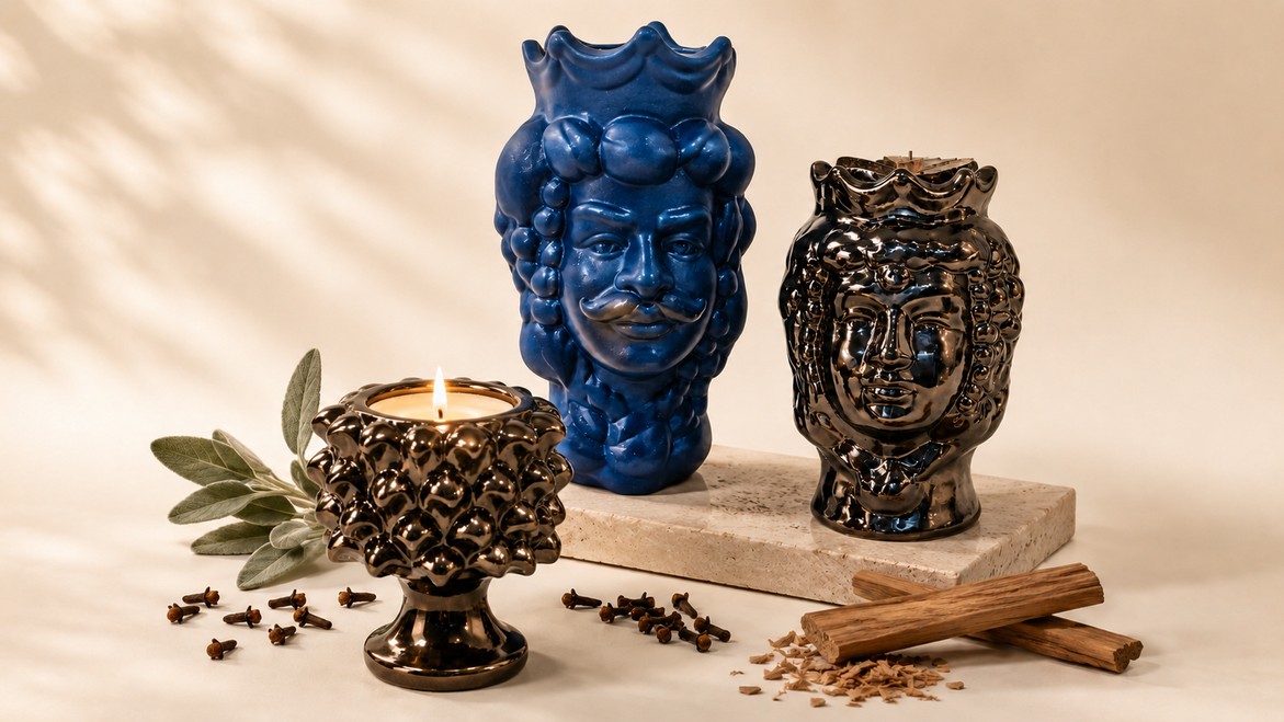 Candele Radice & Spezia di Elisir di Luce in Testa di Moro e Mezza Pigna, colori Blu Opaco e Bronzo Lucido