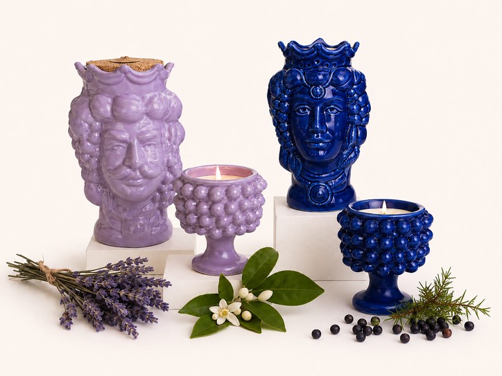 Candele Trilogia Mediterranea di Elisir di Luce in Testa di Moro e Mezza Pigna, colori Blu Lucido e Lilla Lucido